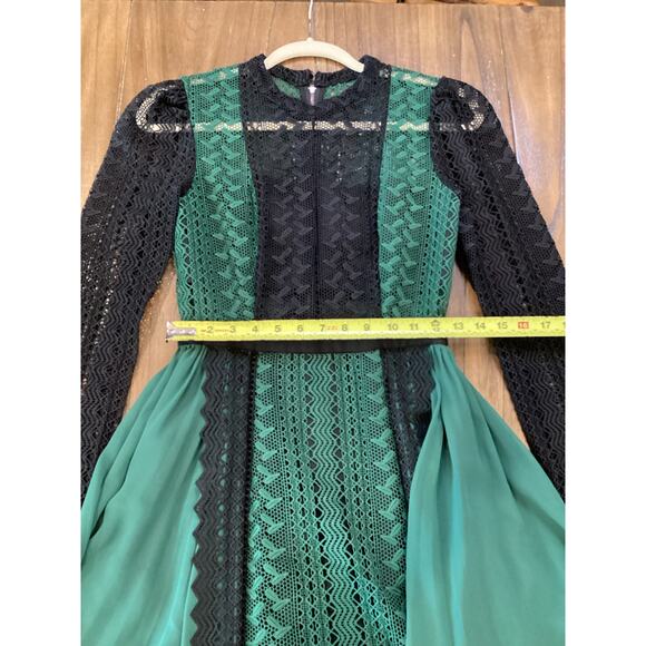 Self Portrait long sleeve mesh Green Lace pleated flare whimsygoth Mini Dress 4 - Picture 6 of 14